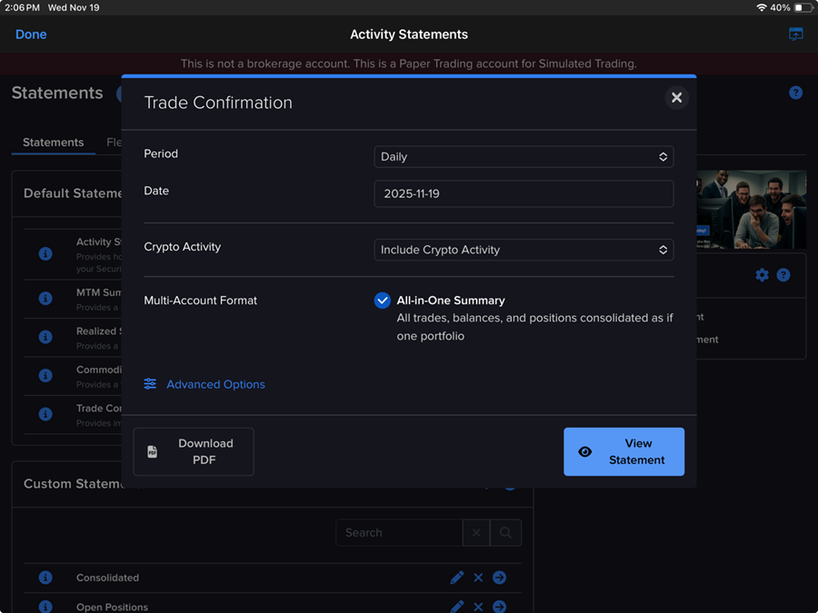 The trade confirmation panel on the iPad. 